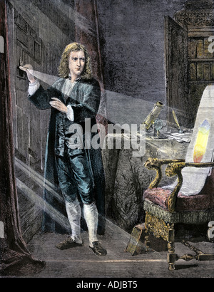 Sir Isaac Newton analyzing the colors in a ray of light. Hand-colored woodcut Stock Photo