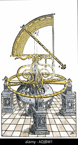 Quadrant of Tycho Brahe 1500s. Hand-colored woodcut Stock Photo