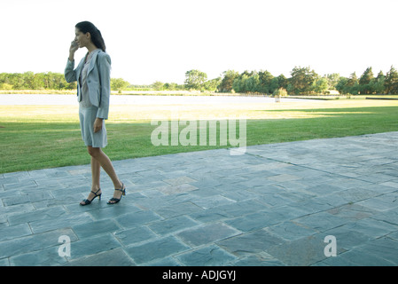 Businesswoman standing on patio, using cell phone Stock Photo