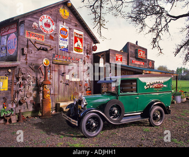 F00139M tiff Model A Ford Van at antique gas station and store front Near Monroe OR Stock Photo