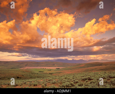 Sunrise over Thief Valley Reservoir with Blue Mountains in distance Oregon Stock Photo