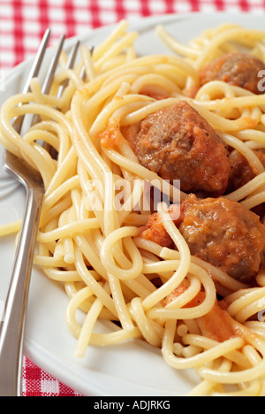 Spaghetti and Meatballs Traditional Italian Dish of Ground Beef Meatballs in a Sauce Served with Pasta Stock Photo