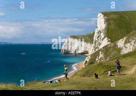 Coastal footpath at 'Durdle Door' looking towards 'Bats Head' and 'Swyre Head' on sunny summers day Dorset England UK GB Stock Photo