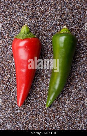 Two red and green chili peppers on blue poppy seeds Stock Photo