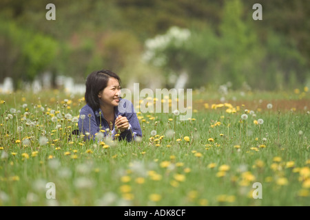 An Asian lady lying on a dandelion field refreshing herself Stock Photo