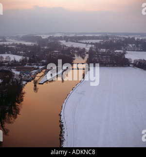 River Thames at Wargrave in evening snow aerial view