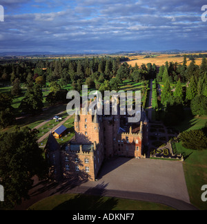 Glamis Castle Scotland aerial view childhood home of Elizabeth Queen Mother Stock Photo