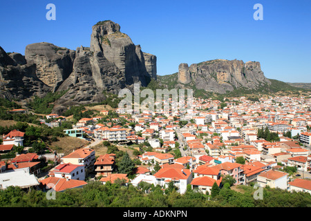 panoramic view of the town Kalambaka at the foot of the Meteora Rocks in Thessaly in Greece Stock Photo