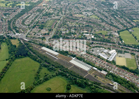 Oblique high level aerial view south east of Cockfosters with Cockfosters Underground Depot Southgate School and De Bohun School London EN4 England 2005 Stock Photo