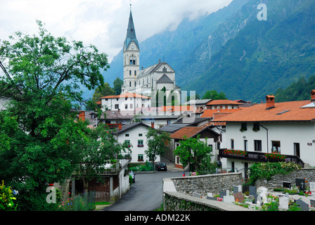 Church of the Sacred Heart and village of Dreznica near Kobarid Slovenia Stock Photo