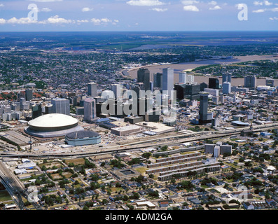 aerial above New Orleans Louisiana skyline with Superdome Stock Photo