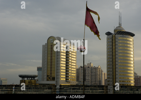 View of city skyscrapers from the ramparts of the South Gate Pavilion, Xian, Shaanxi, China. Stock Photo