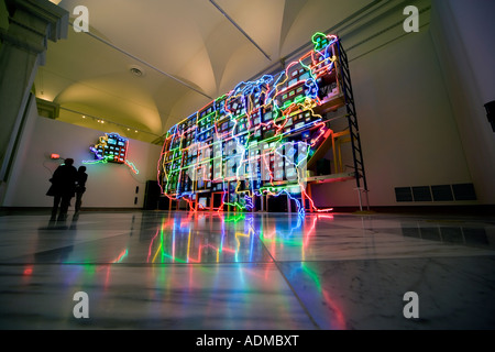 Neon map of the USA in sculpture video art installation Electronic Superhighway by Nam June Paik in the American Art Museum, DC Stock Photo