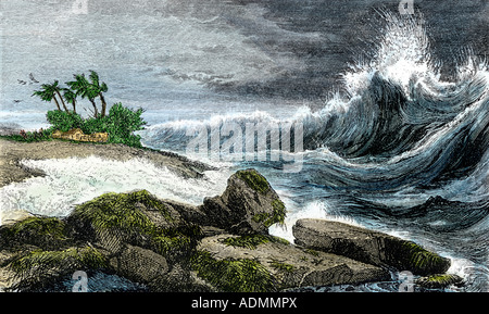 Tsunami wave breaking on the shore of Hawaii 1800s. Hand-colored woodcut Stock Photo