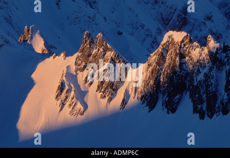 mountains in first morning light, bizarre rock wall, view fromt the Saentis 2502 m, Switzerland, Eastern Switzerland, Appenzell Stock Photo