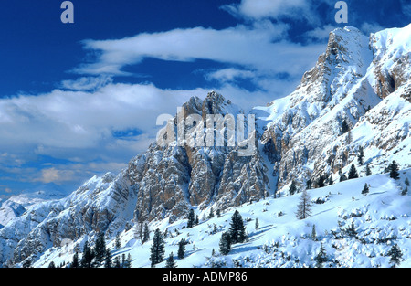 snowy mountain, alpine scenery, blue sky, view from San Forca, Italy, Dolomites Stock Photo