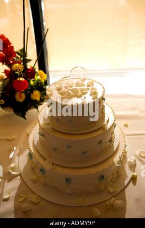 Wedding cake on table at wedding reception Stock Photo