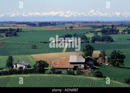 France, Southwest. Glorious view of old Gascony across the Gers. Snow clad Pyrenees in background