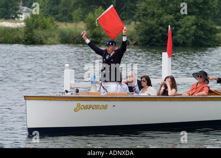 umpire on launch at Henley Royal Regatta waiting to start a race Stock Photo