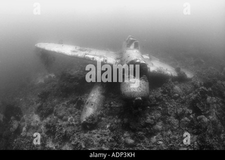 A Japanese 'Jake' seaplane, shot down during World War II, sits on a coral reef in Palau, Micronesia. Stock Photo
