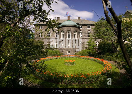 Garden in front of a parliament building, Althingi, Reykjavik, Iceland Stock Photo