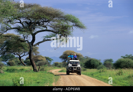 Landrover on a dirt road in Tarangire national park, Tanzania Stock Photo