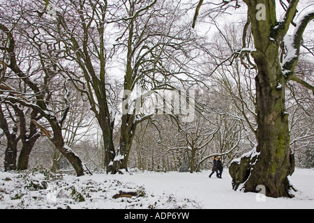 Two men walk across snow covered Hampstead Heath North London United Kingdom Stock Photo
