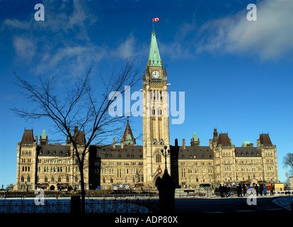 Canadian Parliament Buildings Centre Block Building Exterior With Peace Tower Clock Ottawa Ontario Canada Stock Photo