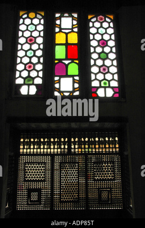 Egyptian style Mashrabiya oriel window enclosed with carved wood latticework of Bayt Al-Suhaymi Ottoman era house in Cairo Egypt Stock Photo