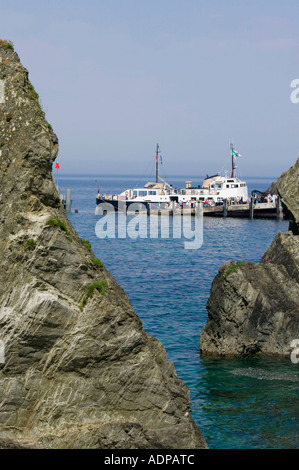 The MS Oldenburg, the Lundy island ferry, berthed on lundy island, with passengers, North Devon Stock Photo