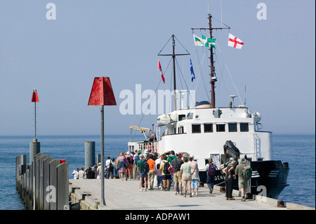 The MS Oldenburg, the Lundy island ferry, berthed on lundy island, with passengers, North Devon Stock Photo