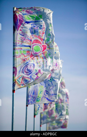 Flags fluttering in the breeze at the Appledore festival, North Devon, UK Stock Photo