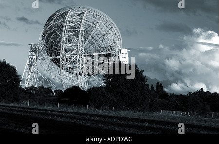 Lovell Radio Telescope at Jodrell Bank, UK. Historic astronomical observatory and UNESCO World Heritage Site in monochrome. Stock Photo