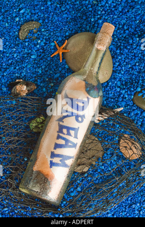Bottle washed up on the beach with a message of dreaming depicting positive concepts Stock Photo