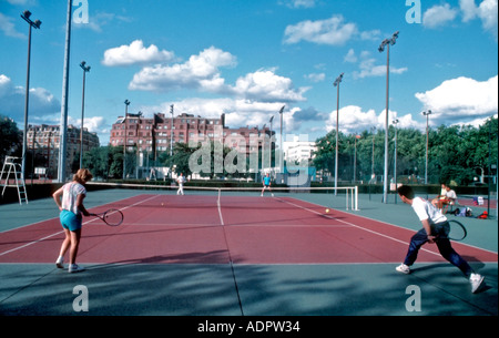 Paris FRANCE, Urban Parks, 2 Couples Playing Tennis in 'Porte d'Orleans' Sports Stock Photo