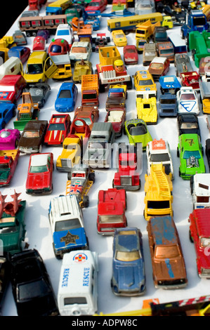 Paris France, Shopping, 1980's Vintage Toys Various Toy Cars Flea Market Detail, Collection, metal object Stock Photo