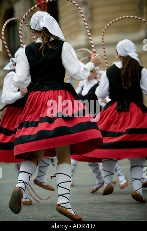 Female Basque teenagers perform traditional Basque folk dances with hoops Plaza Arriaga Bilbao Stock Photo