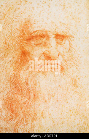 Self portrait of Leonardo da Vinci, drawing in red chalk Stock Photo