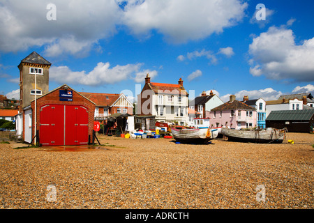 Life boat station and boats on the beach at Aldeburgh Suffolk England Stock Photo