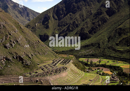 Patallacta or Llactapata, panoramic view over ancient Inca ruins, [Inca Trail], [Urubamba Valley], Peru, Andes, 'South America' Stock Photo