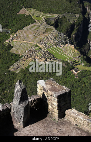 [Machu Picchu], scenic view of ancient Inca ruins from lookout point on summit of [Huayna Picchu], Peru, 'South America' Stock Photo