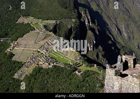 [Machu Picchu], panoramic view of ancient Inca ruins from viewpoint on summit of [Huayna Picchu], Peru, 'South America' Stock Photo