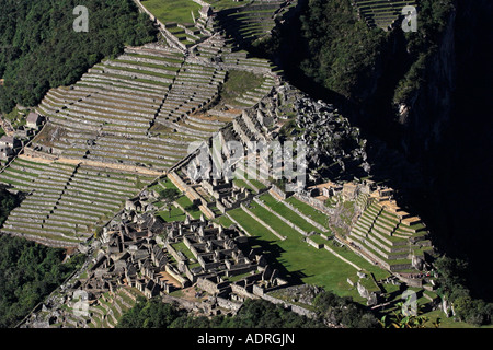 [Machu Picchu], aerial view of ancient Inca [Lost City] from [Huayna Picchu], Peru, 'South America' Stock Photo