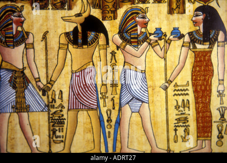 Papyrus art of Horemheb , last  Pharaoh of the 18th dynasty meeting the gods Anubis and Isis Stock Photo