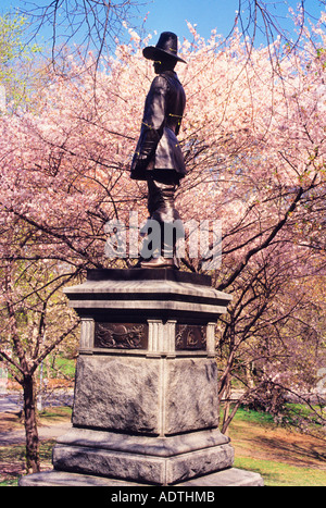 New York City Central Park The Pilgrim Statue on Pilgrim Hill spring NYC USA. Stock Photo