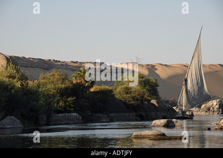 A felucca traditional boat sailing along the Nile river and the First Cataract with the Western Desert in background in Aswan Southern Egypt Stock Photo