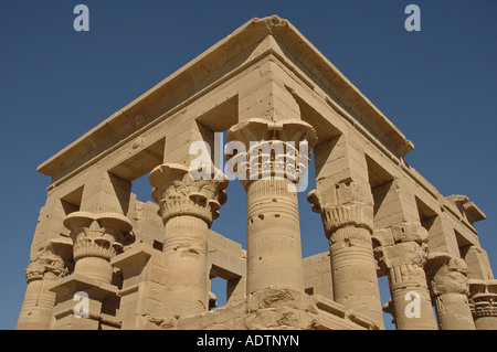 Capitals made in form of open lotus flower in Philae temple on Agilkia island in the reservoir of the Aswan Low Dam Egypt Stock Photo