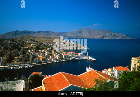 Entrance to Symi Harbour Greece Stock Photo