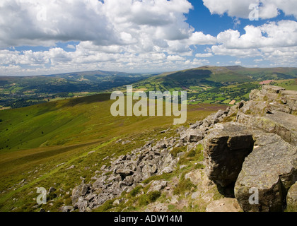 Summit of Sugar Loaf mountain Abergavenny Wales looking towards Brecon Beacons Stock Photo