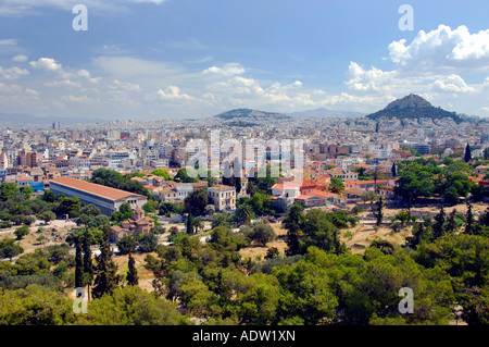 Views of the Ancient Agora and the city skyline from the areopagus in Athens Greece Stock Photo